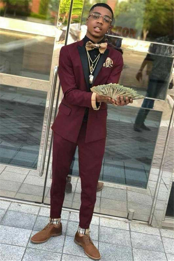 Two-Piece Party Prom Suit for Men - New Arrival Burgundy Black Lapel-BallBride