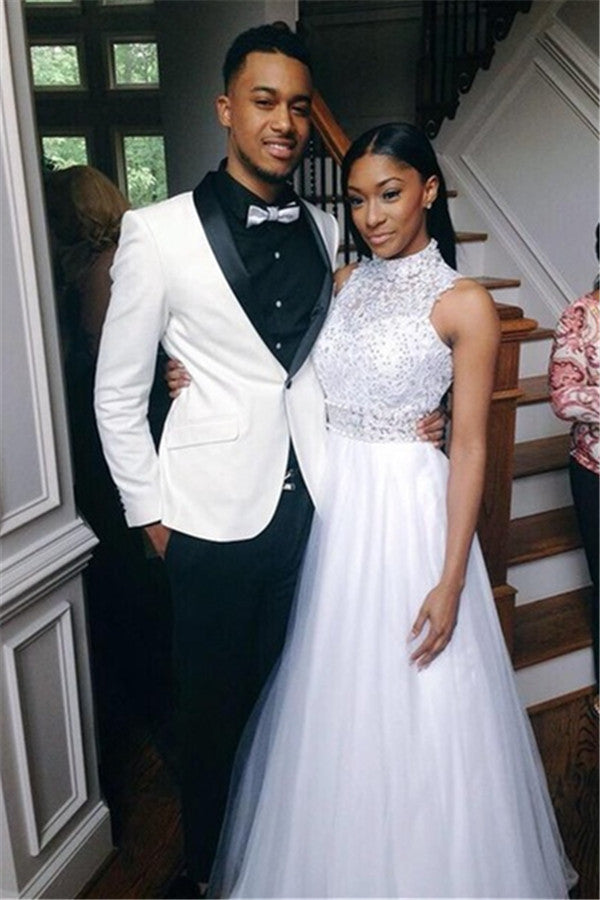 Two Piece White Lapel Wedding Suits For Men With One Button-BallBride