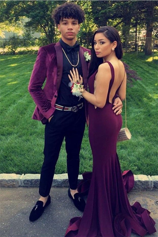 Two Pieces Casual Peak Lapel Prom Suit For Party With Burgundy Velvet-BallBride