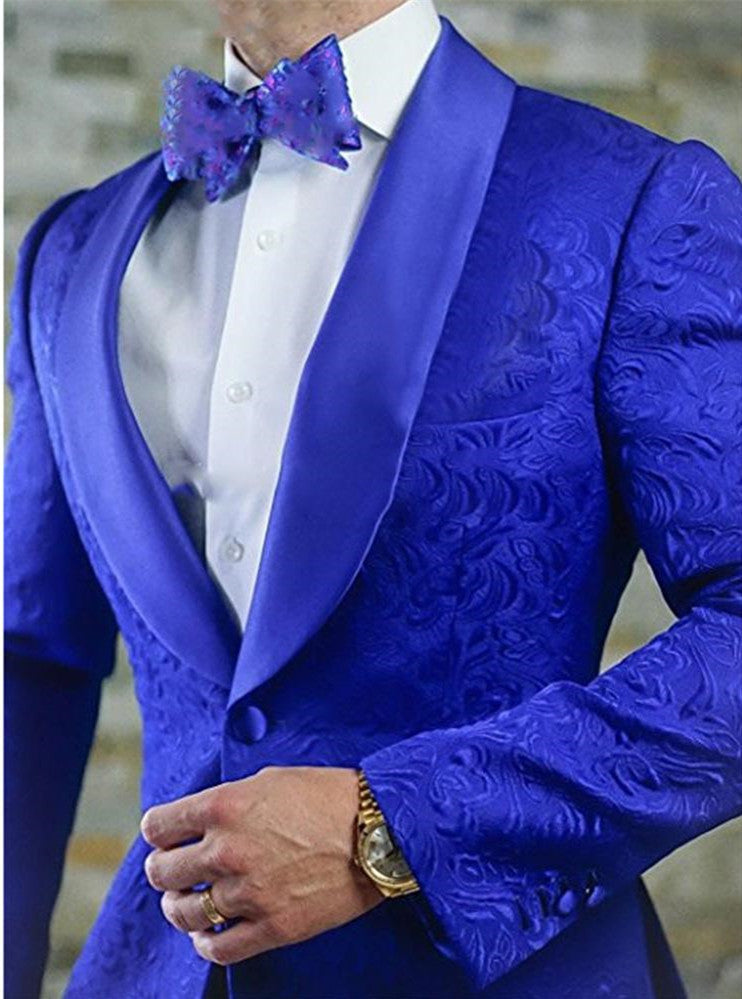 Two Pieces Jacquard Royal Blue Shawl Lapel Wedding Blazer-BallBride