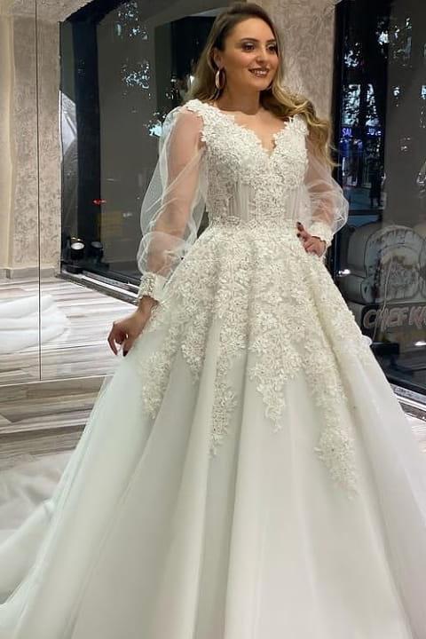 Unique A-Line V-Neck Appliques Lace Tulle Wedding Dress With Puffy Long Sleeves-BallBride