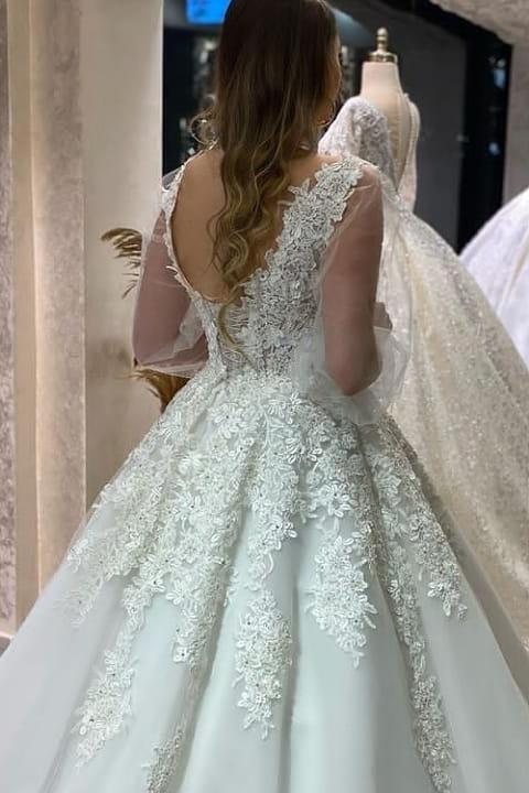 Unique A-Line V-Neck Appliques Lace Tulle Wedding Dress With Puffy Long Sleeves-BallBride