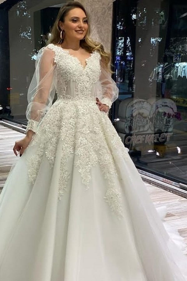 Unique A-Line V-Neck Appliques Lace Tulle Wedding Dress With Puffy Long Sleeves-BallBride