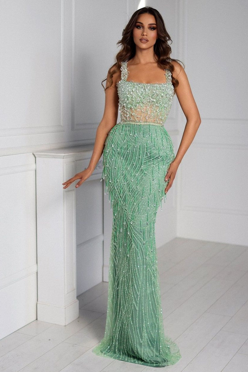 Unique Beads A-Line Prom Dress by Straps Sage Mermaid-BallBride
