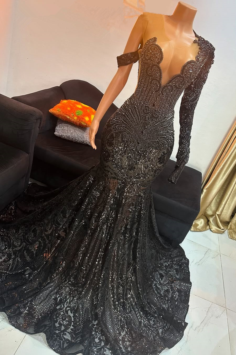 Unique Black Long Beaded Mermaid Court Train Prom Dresses with Sleeves-BallBride