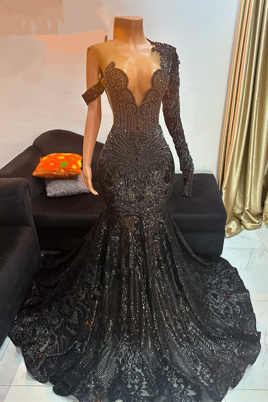 Unique Black Long Beaded Mermaid Court Train Prom Dresses with Sleeves-BallBride