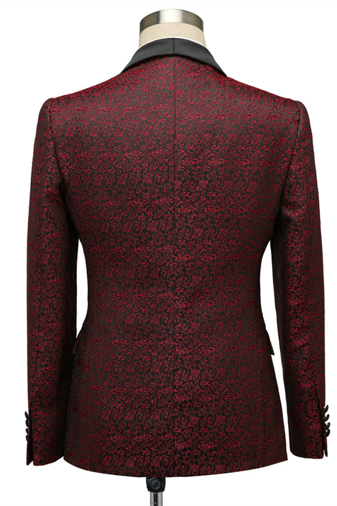 Unique Burgundy One Button Shawl Lapel Jacquard Wedding Tuxedo-BallBride
