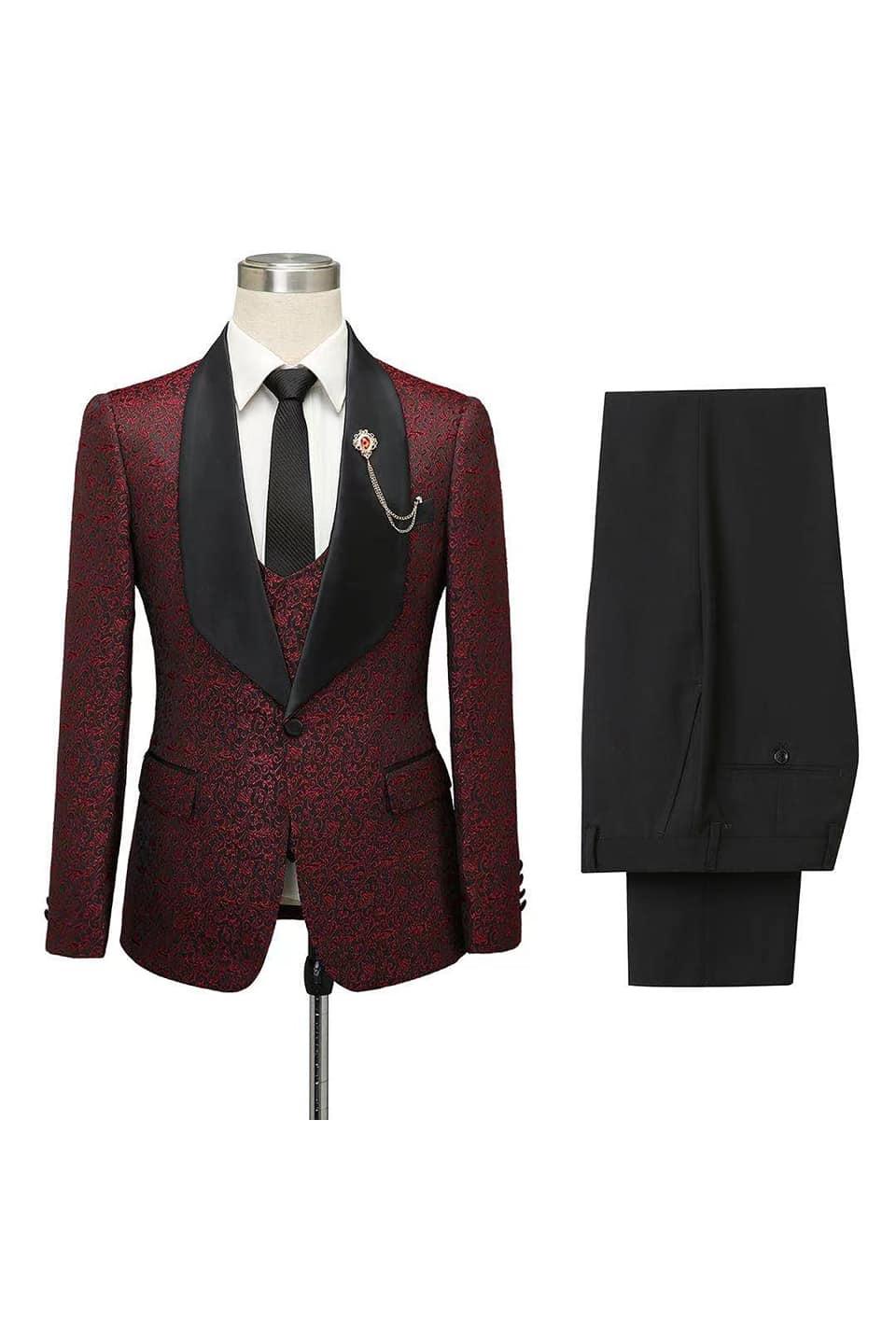 Unique Burgundy One Button Shawl Lapel Jacquard Wedding Tuxedo-BallBride