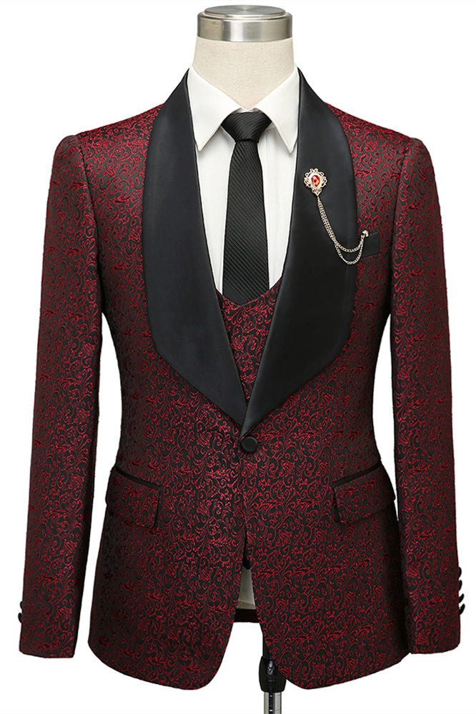 Unique Burgundy One Button Shawl Lapel Jacquard Wedding Tuxedo-BallBride
