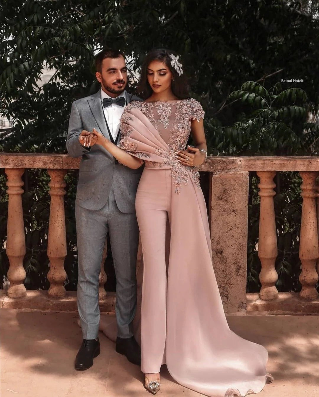 Unique Dusty Pink Long Cap sleeves Beaded Prom Pants-BallBride