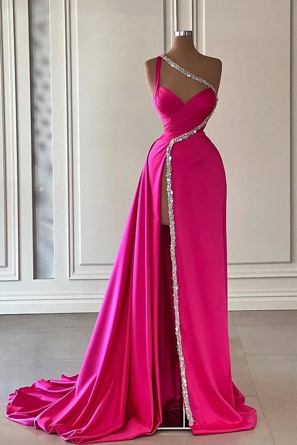Unique Long Court Train Mermaid One shoulder Prom Dresses with High Split-BallBride