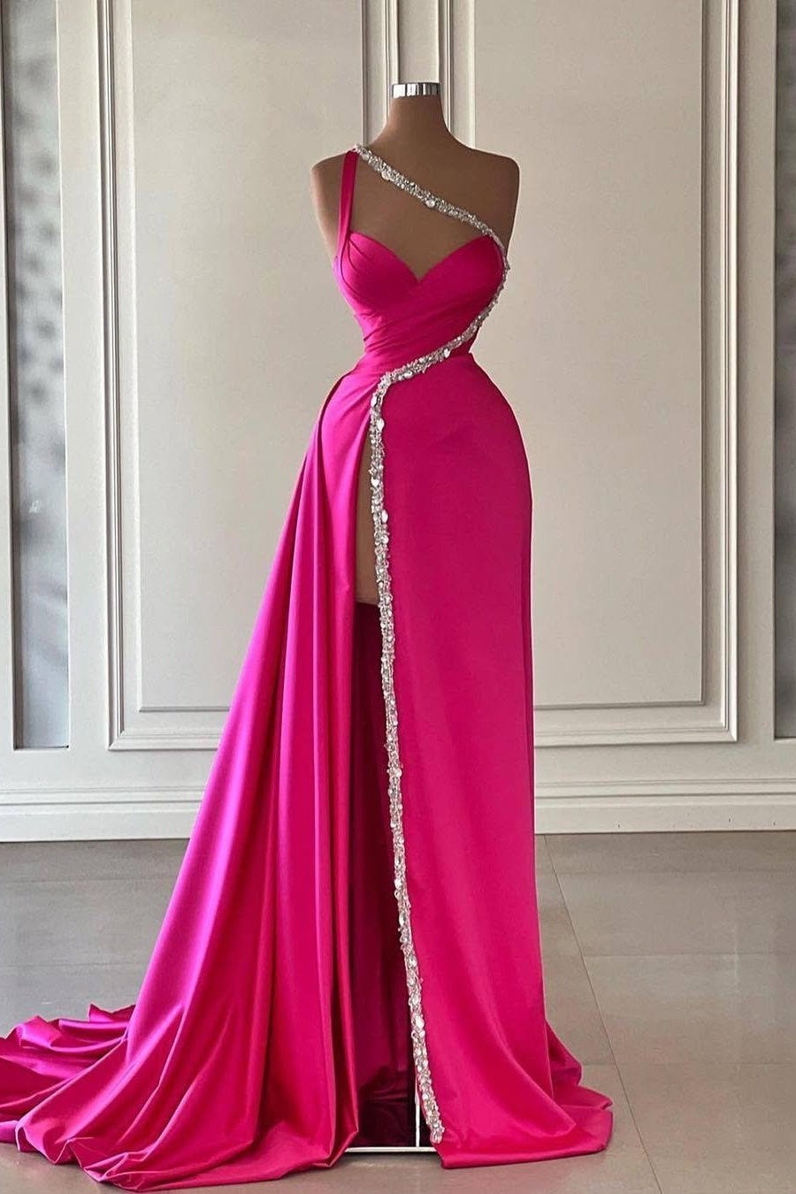 Unique Long Court Train Mermaid One shoulder Prom Dresses with High Split-BallBride