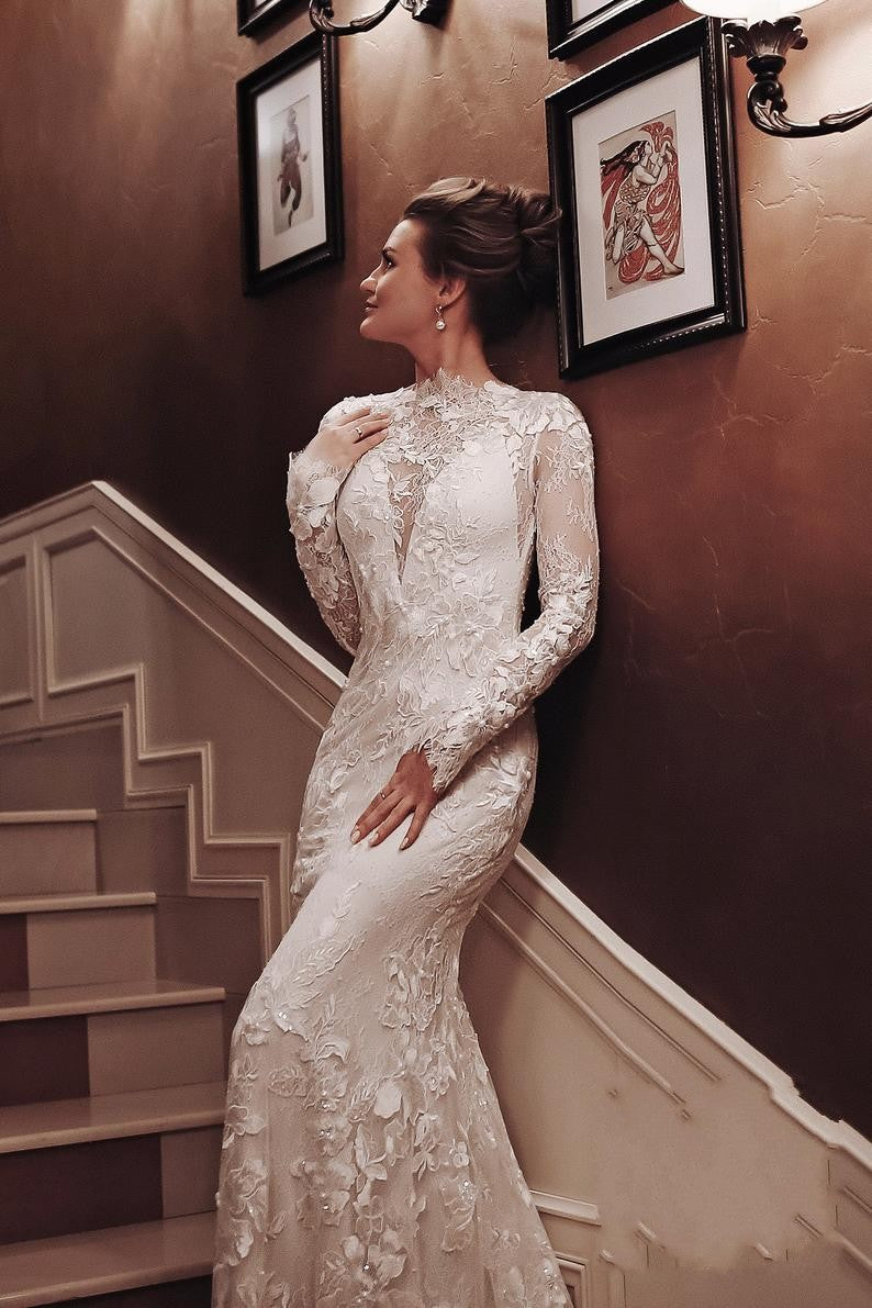 Unique Long Sleeve Mermaid Wedding Dress with Appliques Lace-BallBride