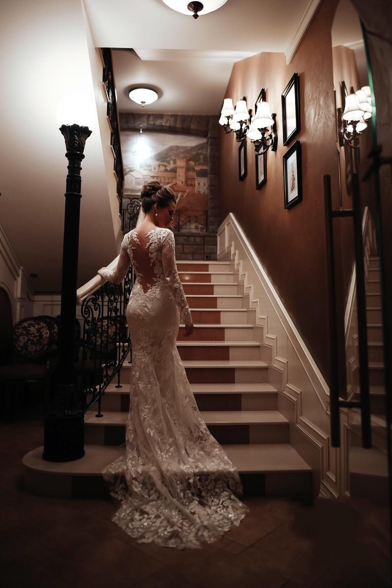 Unique Long Sleeve Mermaid Wedding Dress with Appliques Lace-BallBride