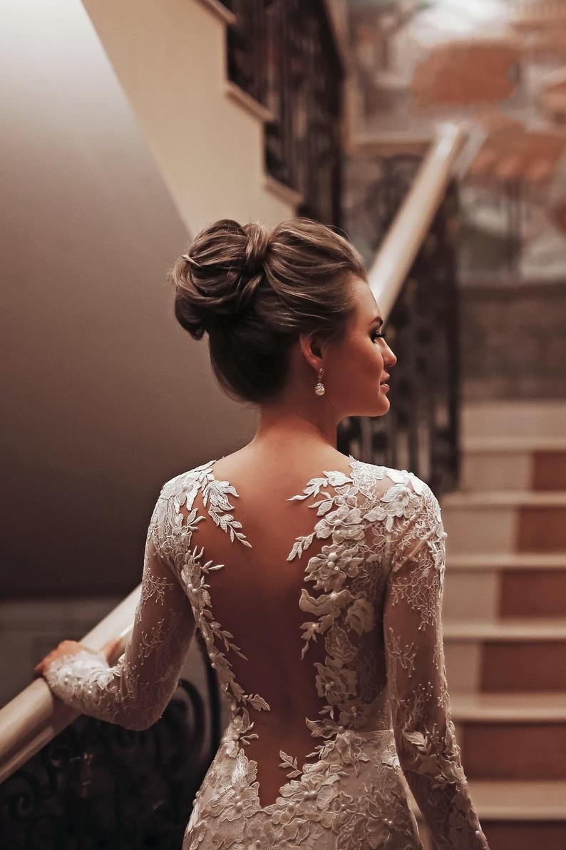 Unique Long Sleeve Mermaid Wedding Dress with Appliques Lace-BallBride