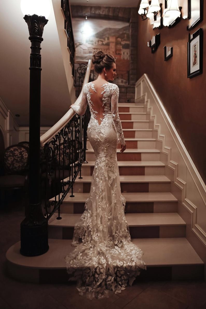 Unique Long Sleeve Mermaid Wedding Dress with Appliques Lace-BallBride