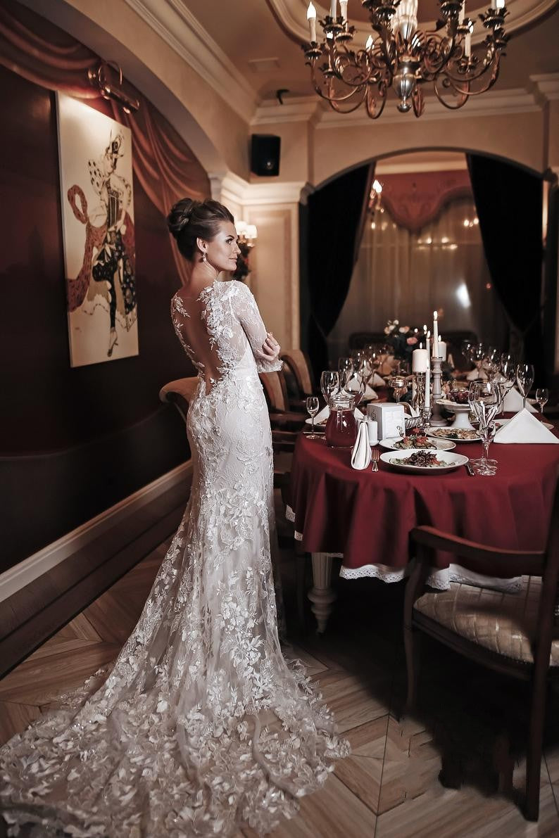 Unique Long Sleeve Mermaid Wedding Dress with Appliques Lace-BallBride