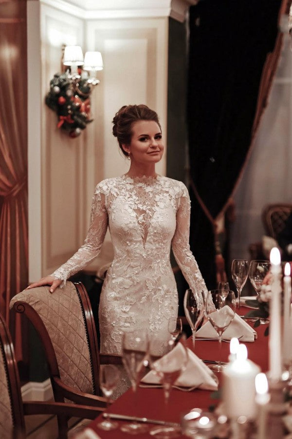 Unique Long Sleeve Mermaid Wedding Dress with Appliques Lace-BallBride