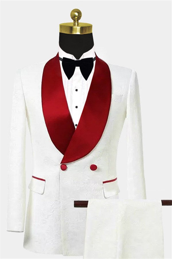 Unique Two Pieces Slim Fit Double Breasted Floral White Tuxedo for Men-BallBride