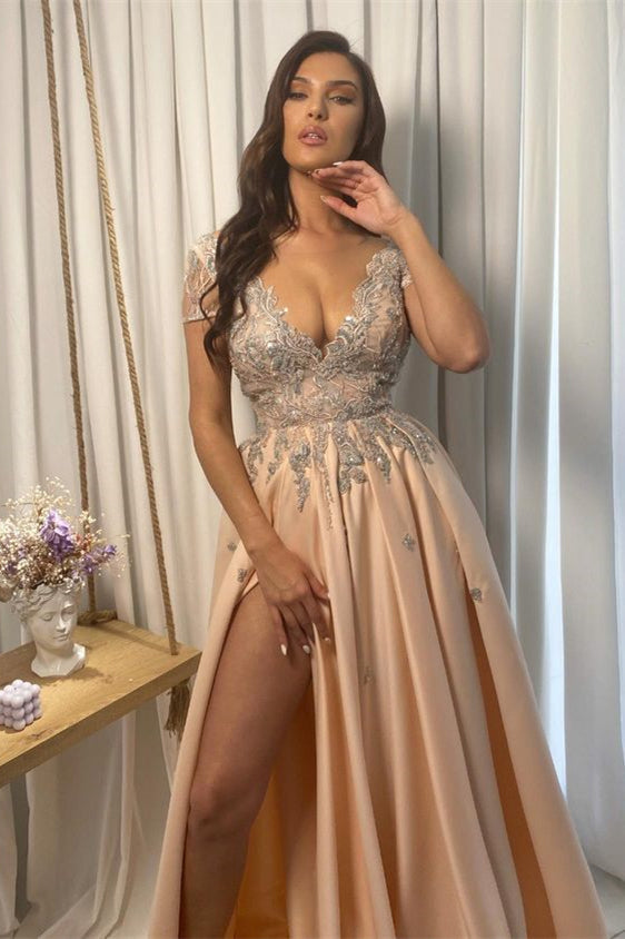 V Neck A Line Evening Dress With Split Pregnancy-BallBride