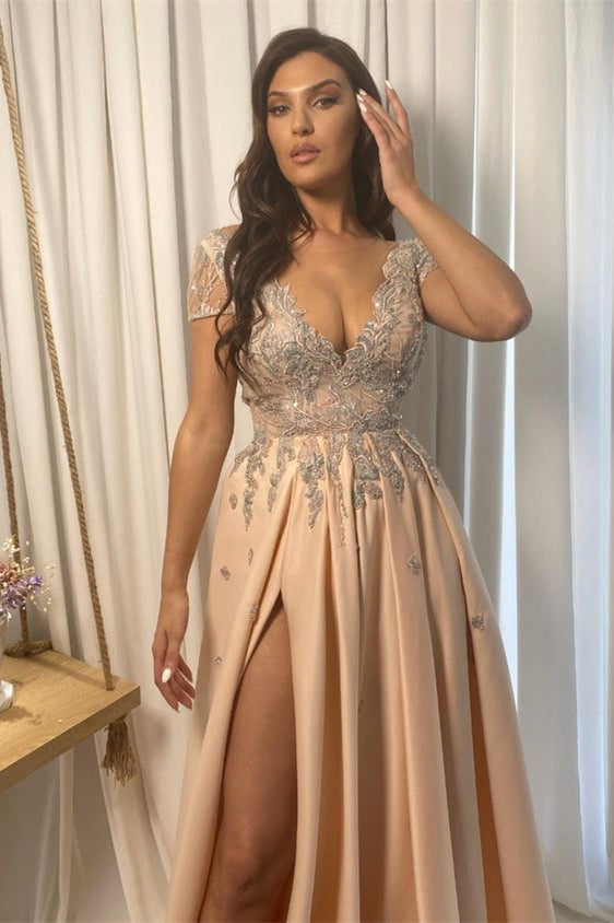 V Neck A Line Evening Dress With Split Pregnancy-BallBride