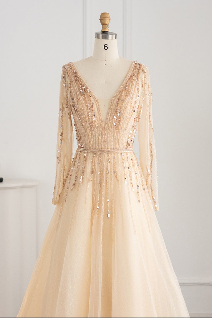 V Neck A-Line Evening Dress with Tulle & Sequins Long Sleeves-BallBride