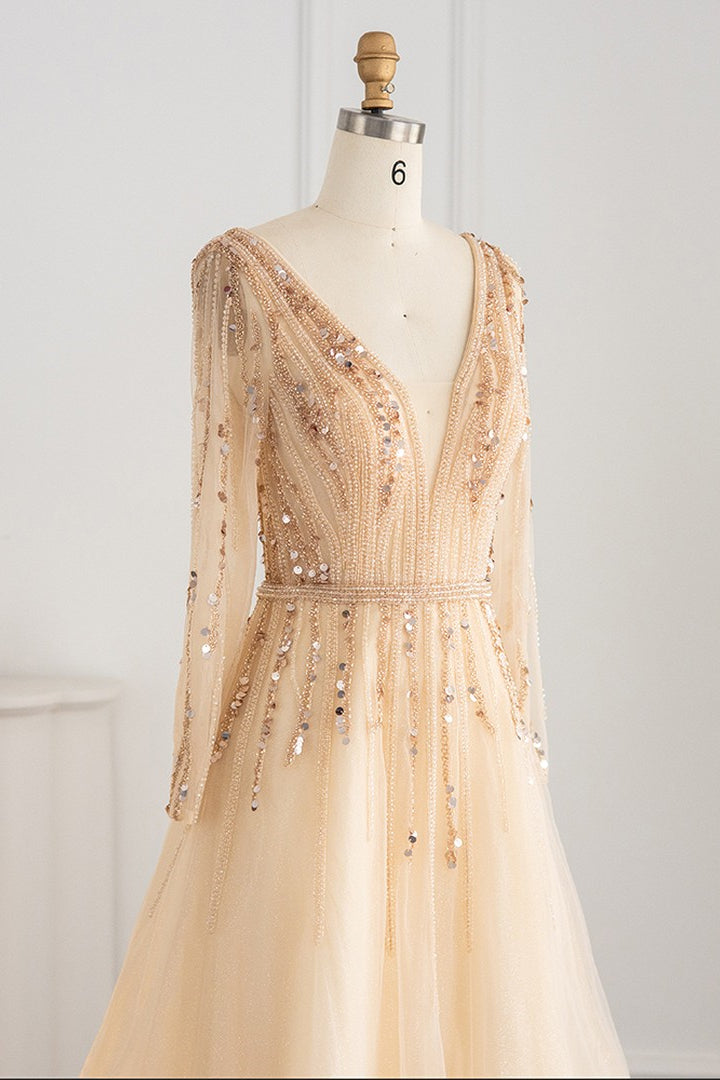 V Neck A-Line Evening Dress with Tulle & Sequins Long Sleeves-BallBride