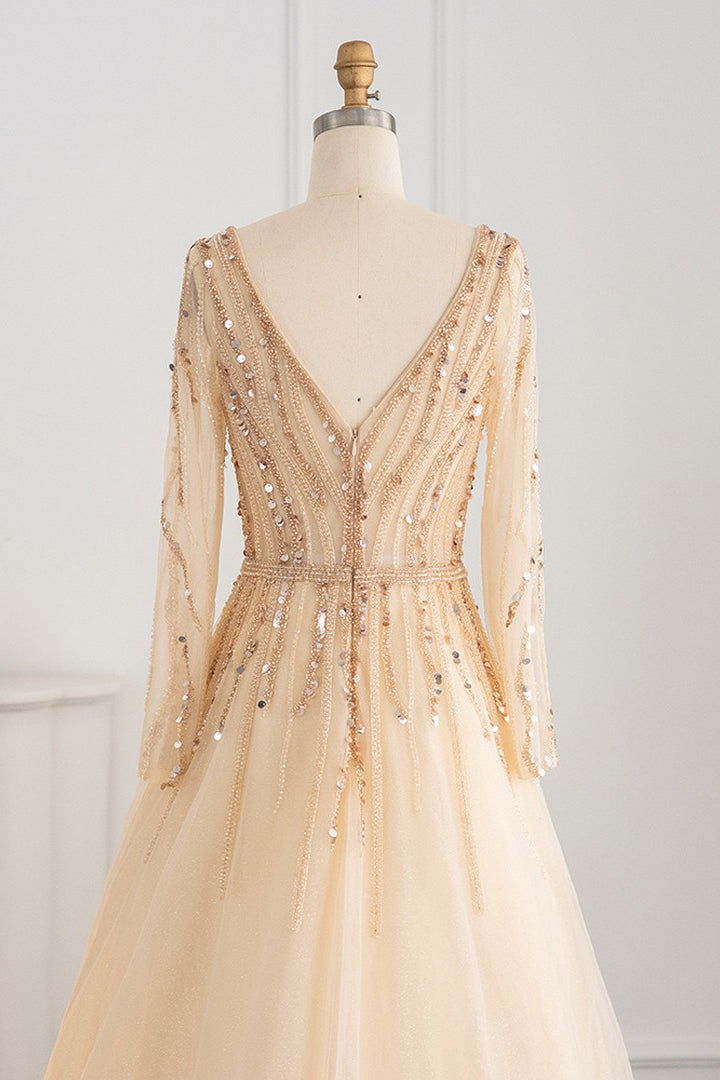 V Neck A-Line Evening Dress with Tulle & Sequins Long Sleeves-BallBride