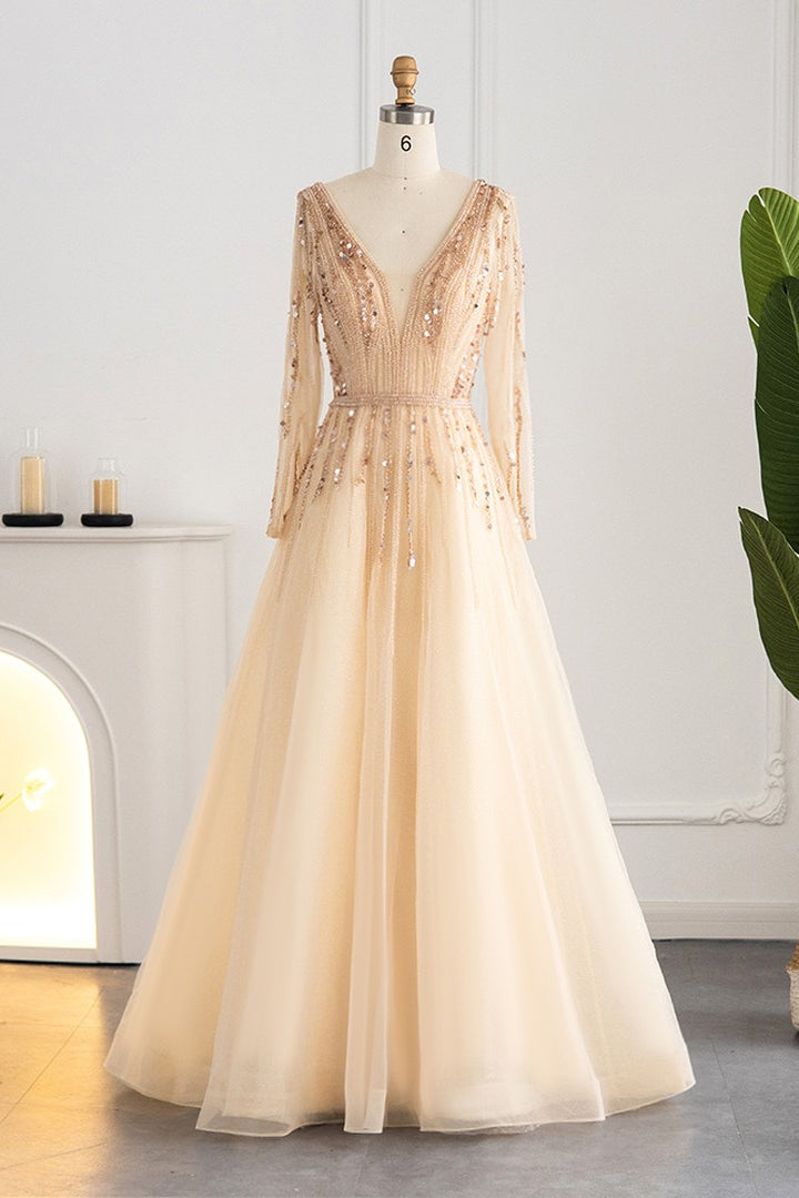 V Neck A-Line Evening Dress with Tulle & Sequins Long Sleeves-BallBride