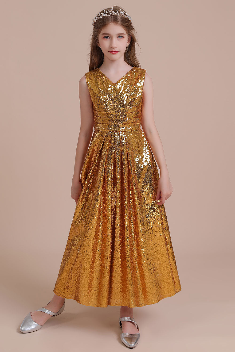 V-neck A-line Flower Girl Dress with Amazing Sequins-BallBride