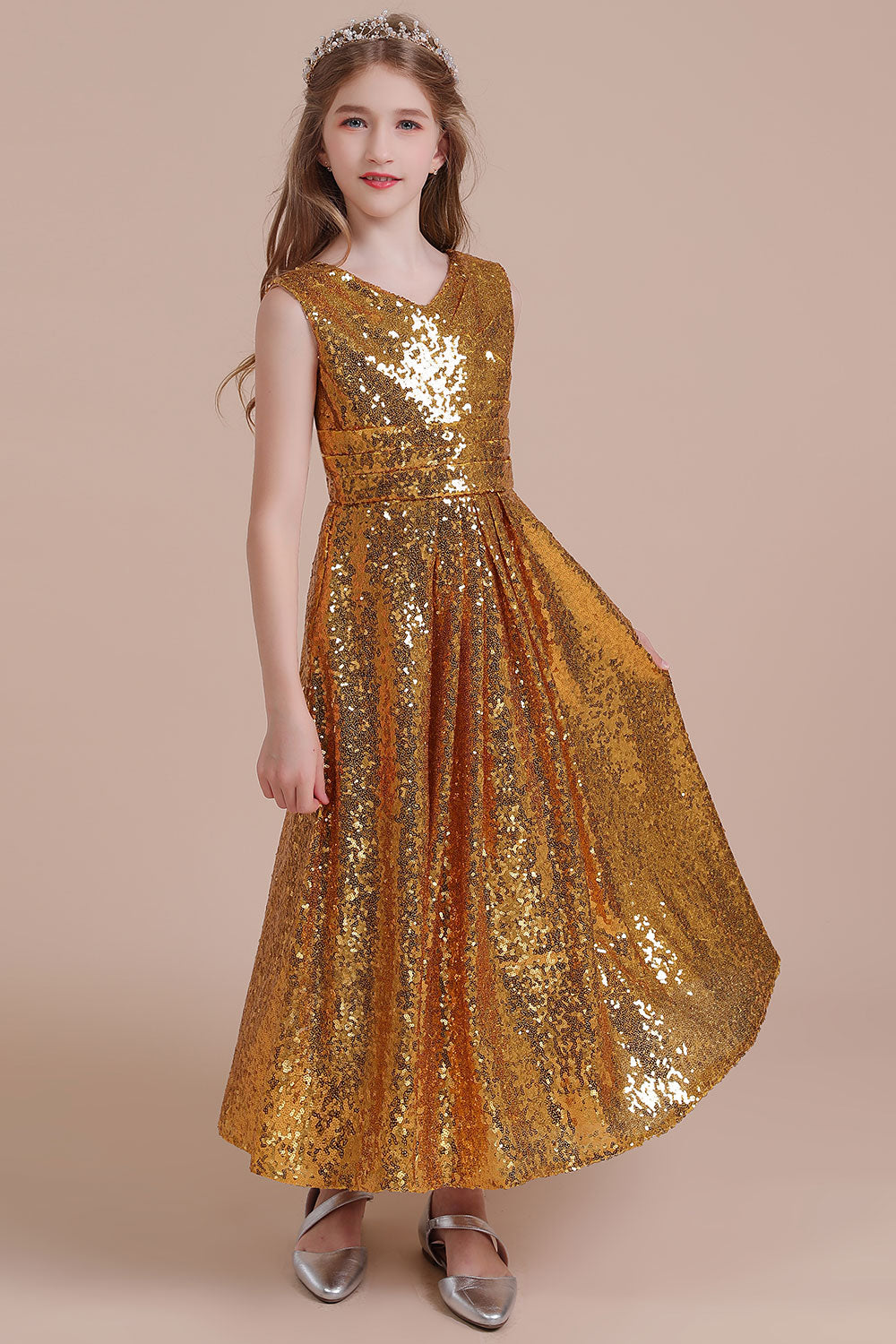 V-neck A-line Flower Girl Dress with Amazing Sequins-BallBride