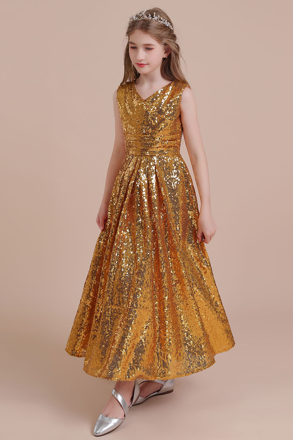V-neck A-line Flower Girl Dress with Amazing Sequins-BallBride