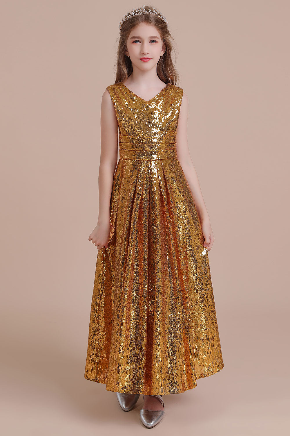 V-neck A-line Flower Girl Dress with Amazing Sequins-BallBride