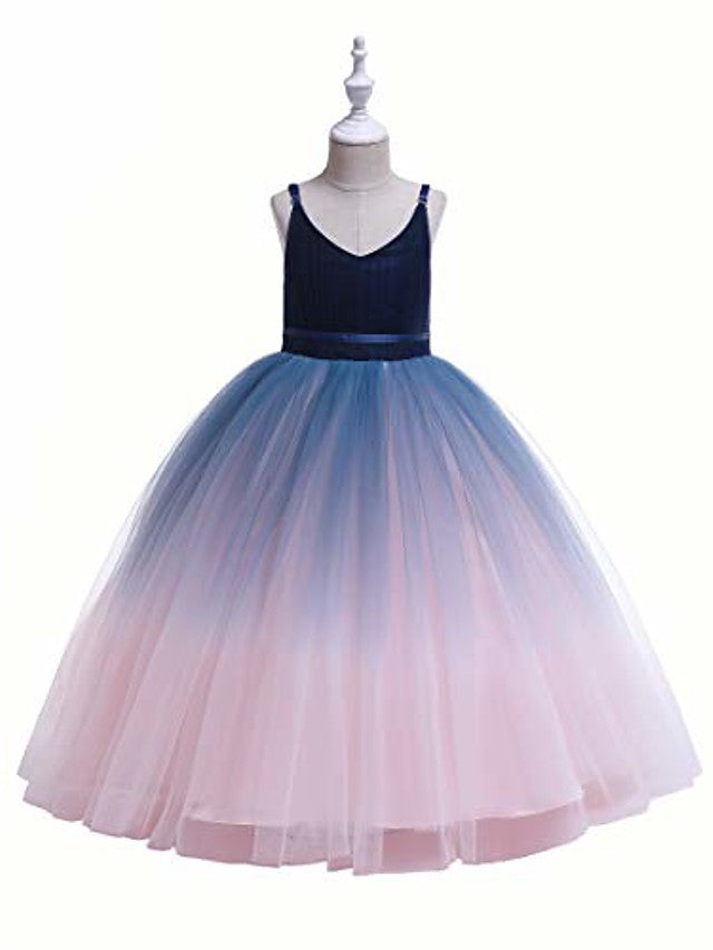 V Neck A Line Flower Girl Dress with Ombre Tulle and Lace-BallBride