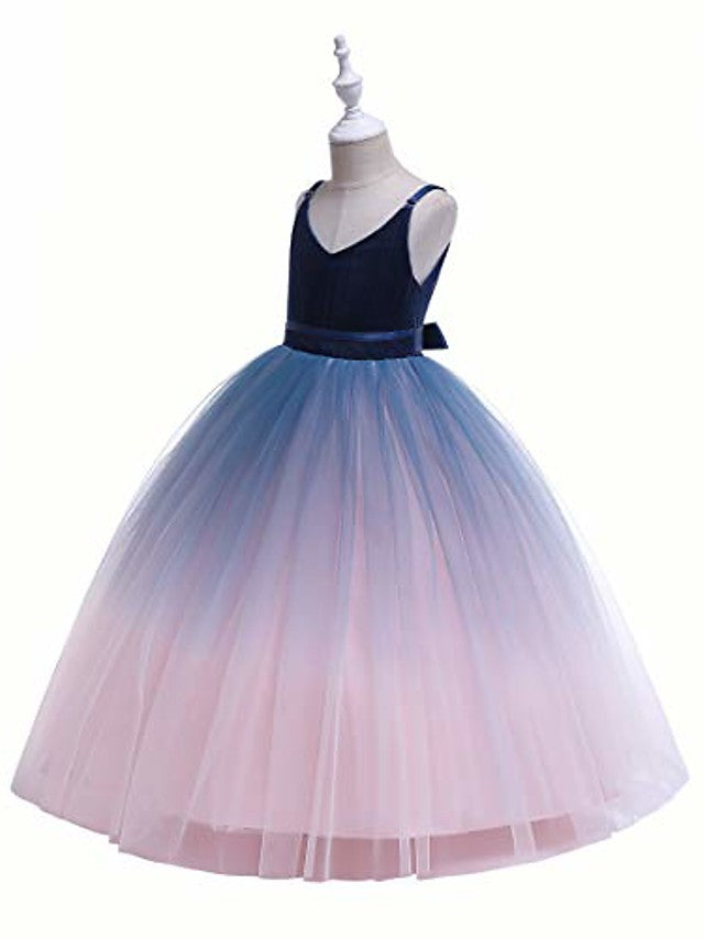 V Neck A Line Flower Girl Dress with Ombre Tulle and Lace-BallBride