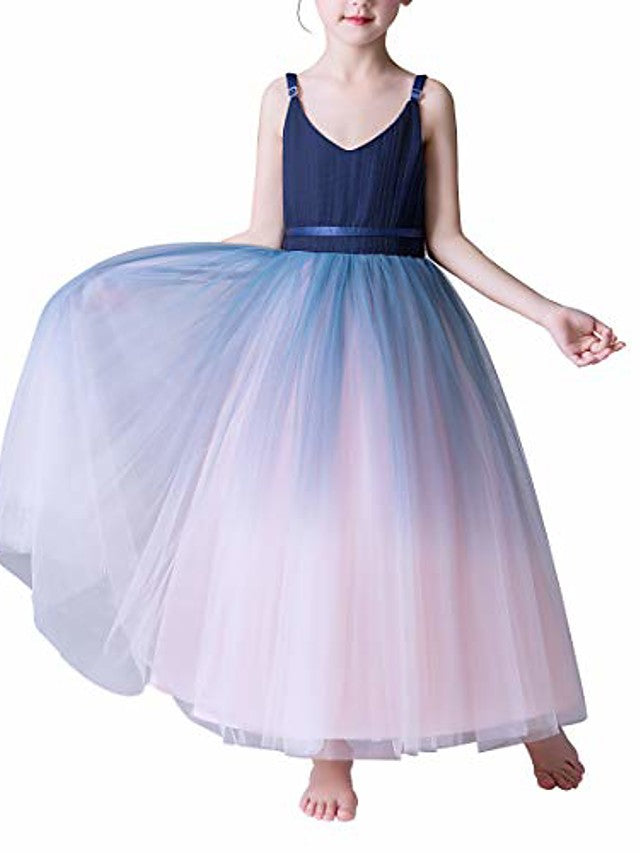 V Neck A Line Flower Girl Dress with Ombre Tulle and Lace-BallBride