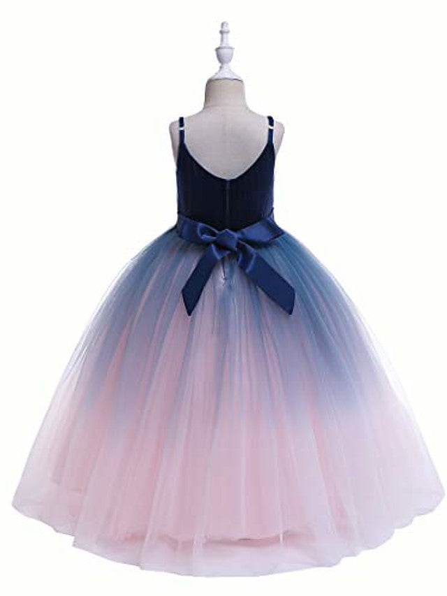 V Neck A Line Flower Girl Dress with Ombre Tulle and Lace-BallBride
