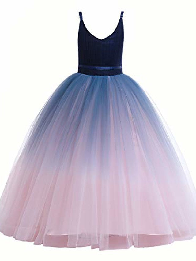 V Neck A Line Flower Girl Dress with Ombre Tulle and Lace-BallBride
