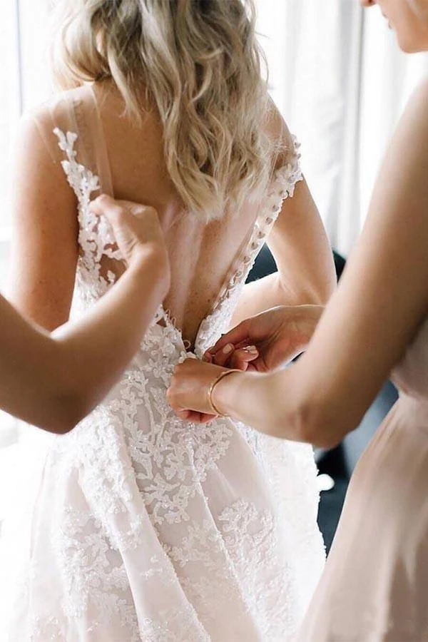 V-Neck A-Line Wedding Dress with Floral Beads Straps-BallBride