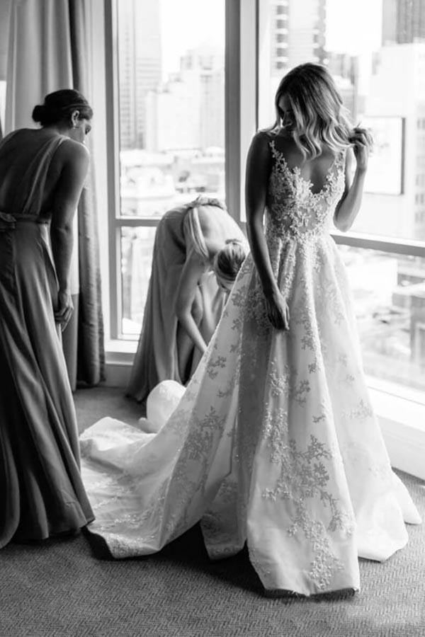 V-Neck A-Line Wedding Dress with Floral Beads Straps-BallBride