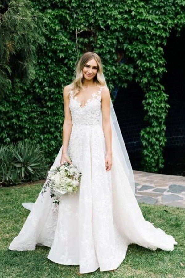 V-Neck A-Line Wedding Dress with Floral Beads Straps-BallBride