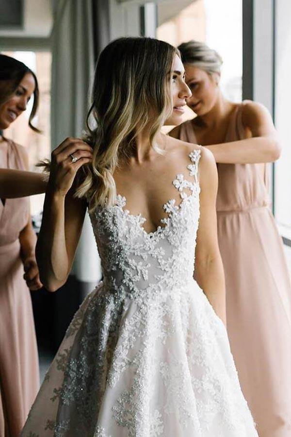 V-Neck A-Line Wedding Dress with Floral Beads Straps-BallBride