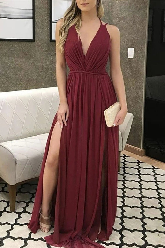 V-Neck Burgundy Prom Dress with Slit - Chiffon-BallBride