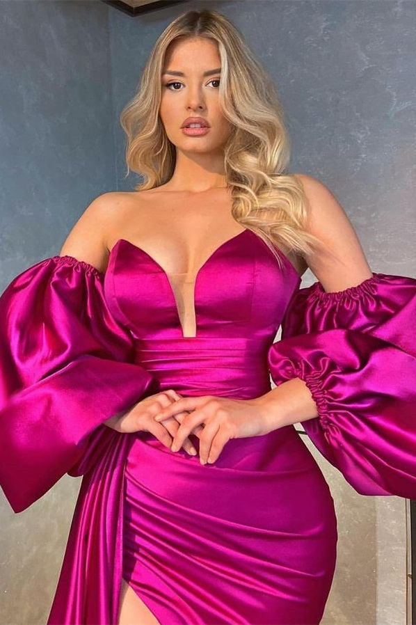V-Neck Detachable Sleeves Long Evening Prom Dress with Shiny Split & Ruffles-BallBride
