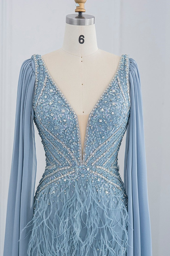 V Neck Feather-Accented Evening Dress with Mermaid Side Split and Open Back-BallBride