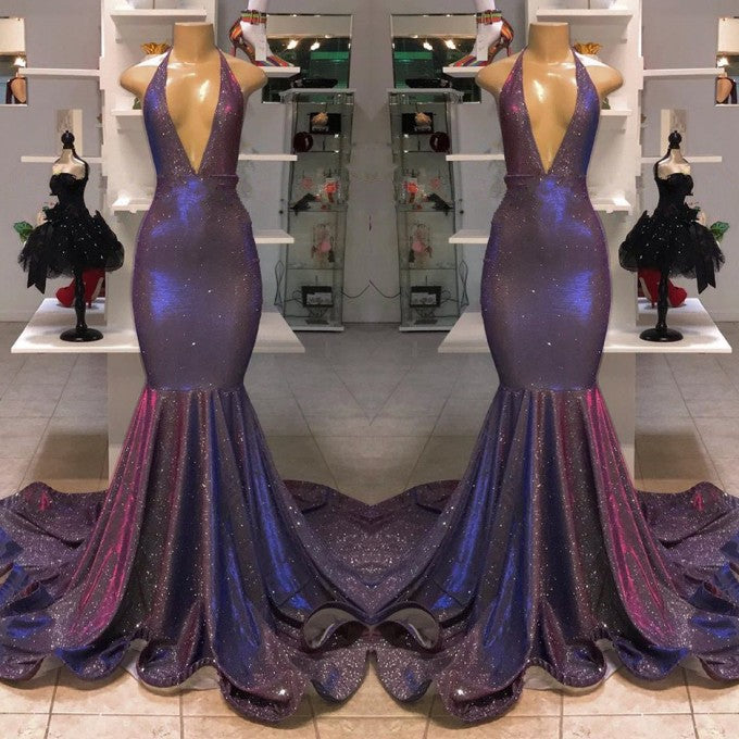 V-Neck Halter Mermaid Evening Dress with Sequins-BallBride