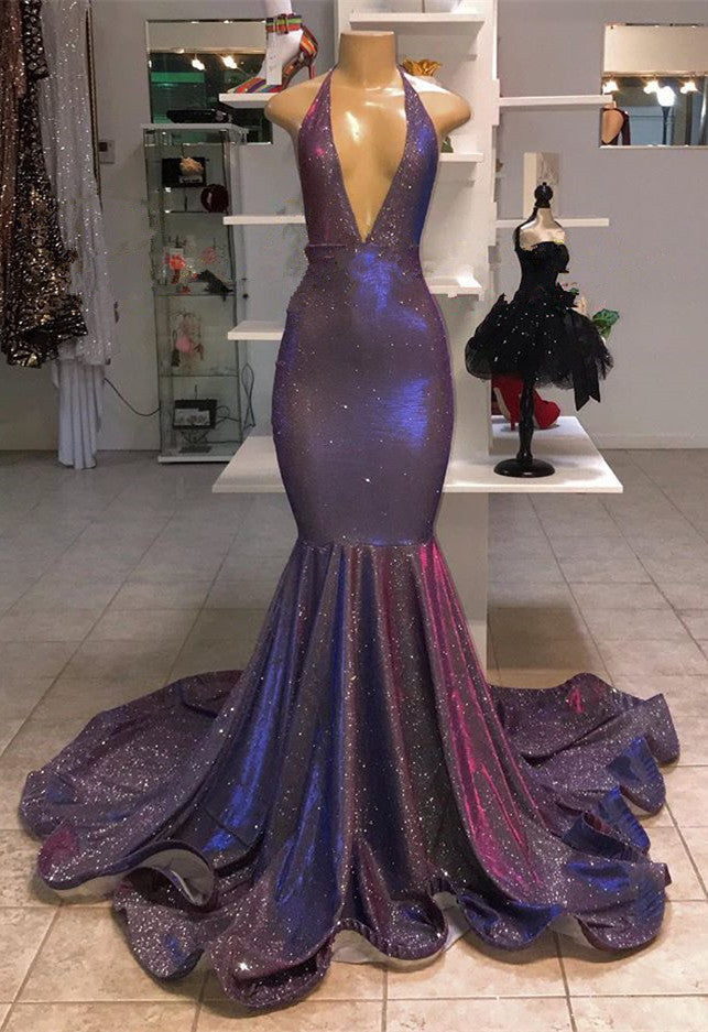 V-Neck Halter Mermaid Evening Dress with Sequins-BallBride