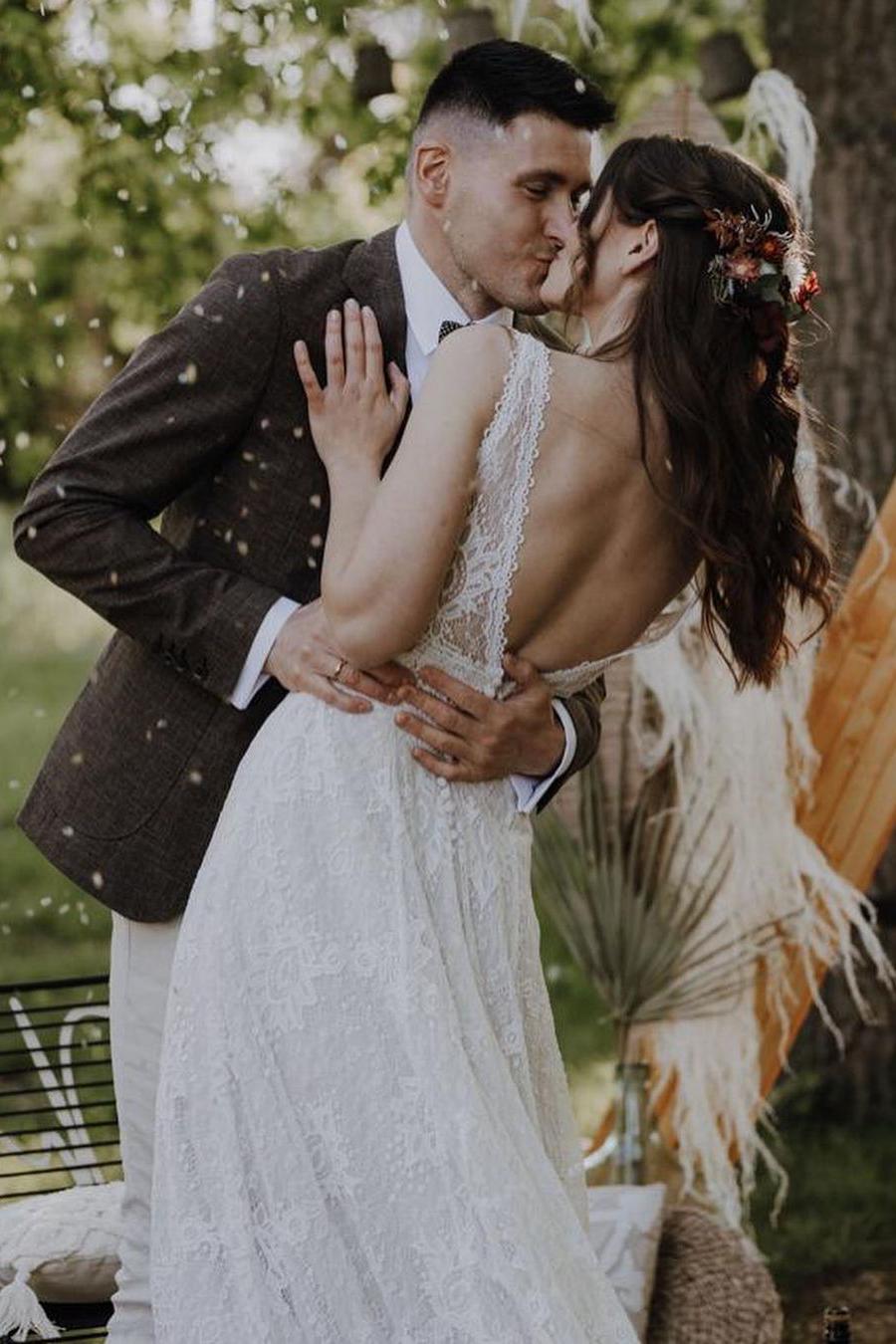 V-neck Lace A-Line Backless Wedding Dress for Simple Look-BallBride