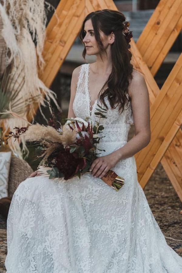 V-neck Lace A-Line Backless Wedding Dress for Simple Look-BallBride