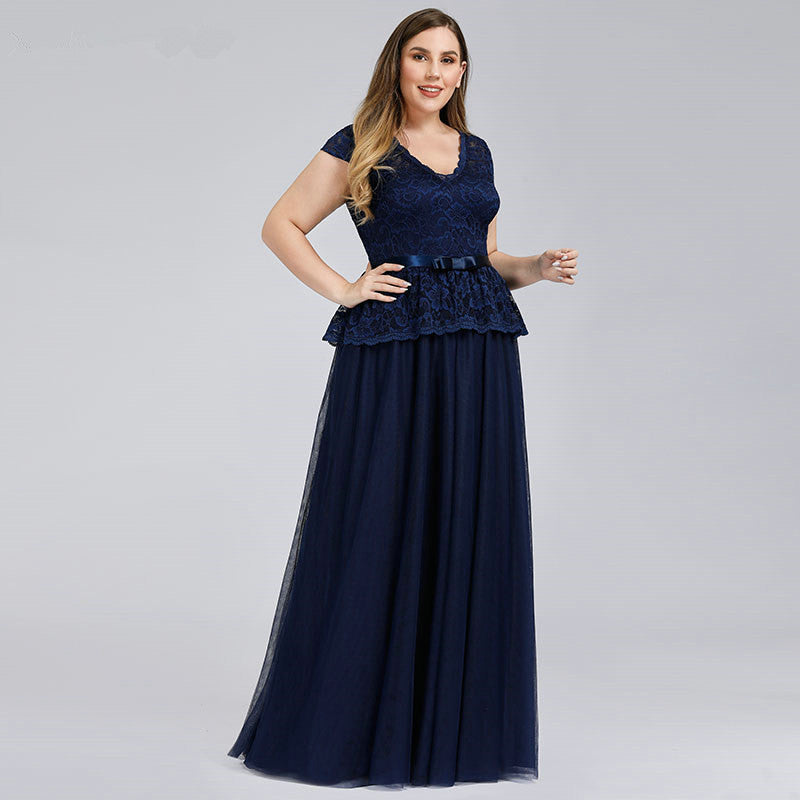 V-Neck Lace Plus Size Dress ¨C Navy Blue Online-BallBride